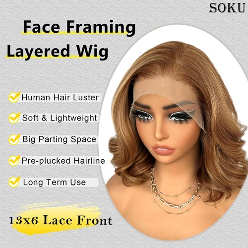 SOKU 13x6 Lace Front Bouncy Wavy Wig, Short Loose Wave Synthetic Wigs for Black Women 13x6 HD Lace Frontal 12 Inch Highlights Pre Plucked Glueless Wig Brown Mixed Blonde Color