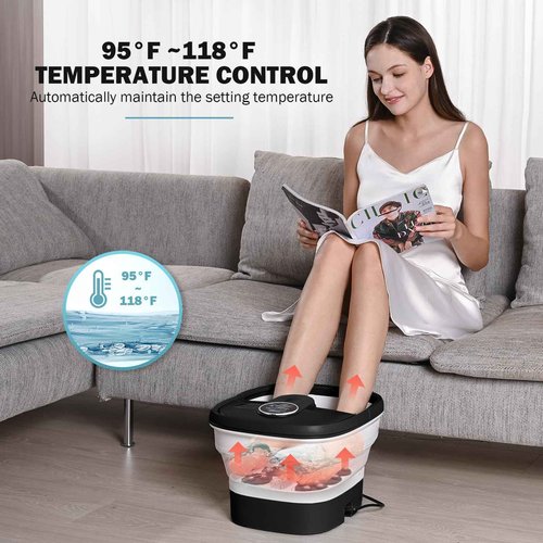 KNQZE Collapsible Foot Spa Electric Foot Bath with Heat, Bubble, Remote, 24 Motorized Shiatsu Massage Balls. Pedicure Soaking tub for Feet Stress Relax (Black)