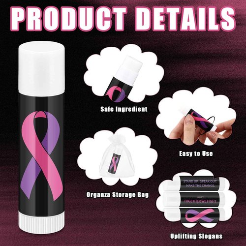 Fumete 100 Pcs Breast Cancer Awareness Lip Balm Bulk Pink Ribbon and Purple Ribbon Domestic Violence Awareness Moisturizer and Nourishing Lip Balm Gifts for Women Men Party Supplies, 4 Scents