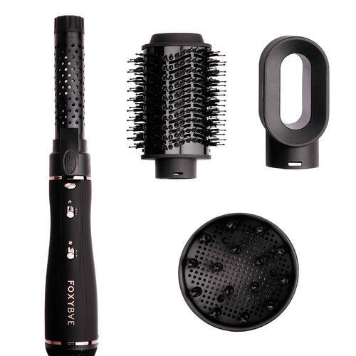 Foxybae Super Styler – 4-in-1 Blow-Dryer Brush Set - Diffuser, Blowout-Brush, 1.25” Curling Barrel & Drying Cylinder - Voluminous, Frizz-Free Hair - Dryer, Straightener & Curler (Black Rose-Gold)