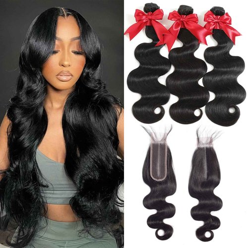 12A Human Hair Bundles with 2x6 Closure 18 20 22 with 16 Inch Brazilian Body Wave 3 Bundles Human Hair with 2x6 HD Lace Closure 100% Unprocessed Virgin Human Hair Weave