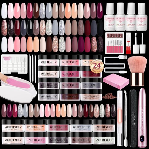 AZUREBEAUTY Dip Powder Nail Kit with Electric Nail Drill 24 Colors White Nude Glitter Nail Powder Starter Kit with Dip Liquids Base Top Coat Activator Portable Manicure French Nail Art Essential Set