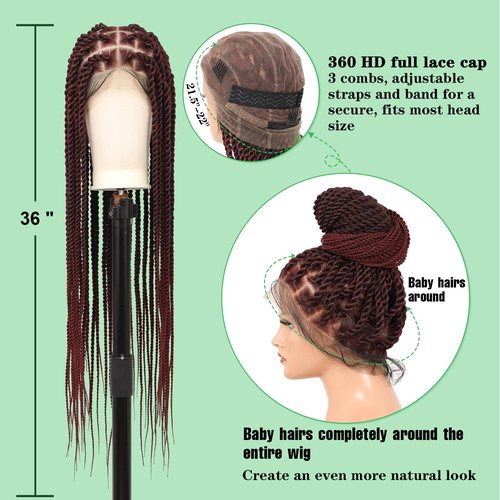 Youthfee 360° HD Full Lace Braided Wigs Knotless Twist Braided Wig for Women Braid Lace Front Wig with Baby Hair Premium Synthetic Long Burgundy Twist Braid wigs 36 Inch