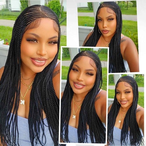 Lady Hanne Braided Wigs for Black Women 13x8 HD Lace Front Cornrow Braids Wig Premium Synthetic Hair 30 Inch Full Lace Cornrow Box Braid Wig with Baby HairNatural Black