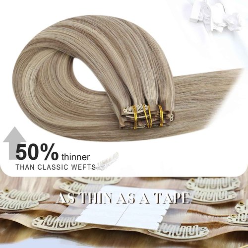 Moresoo Seamless Clip in Hair Extensions Human Hair Blonde Highlight with Light Brown Tape in Hair Extensions Human Hair Blonde (7pcs/120g +20pcs/50g) 16inch Bundle