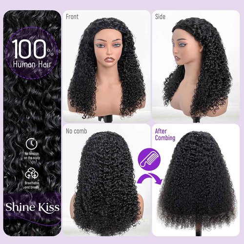 ShineKiss Half Wig Human Hair Glueless Wig Upgrade 4 IN 1 Kinky Curly Half Wig with Invisible Wire Snap Clips Drawstring Flip Over Easy Wear Headband Wig Beginner Friendly 200 Density 16 Inch