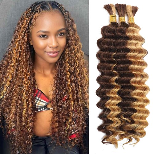 Human Braiding Hair for Boho Braids Human Hair 3 Bundles/Pack 110g 24 Inch Deep Wave Bulk Human Hair for Braiding Curly Knotless 12A Brazilian Virgin Ombre Balayage
