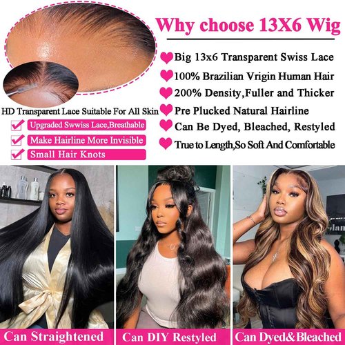 Sunelk 13x6 Body Wave Lace Front Wigs Human Hair 200% Density Glueless Human Hair Wigs for Women HD Transparent Lace Front Wigs with Natural Hairline 22Inch