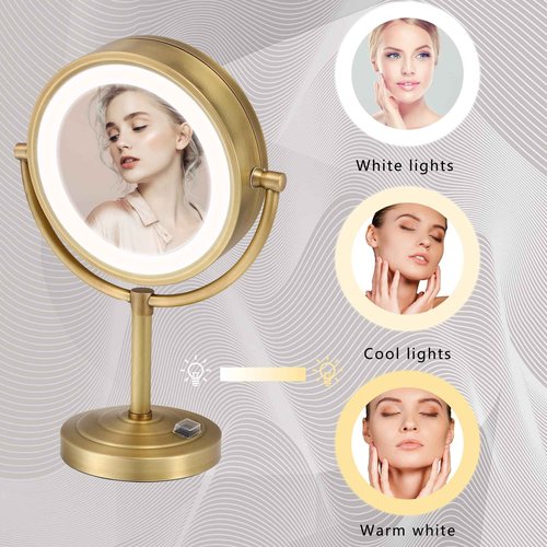 Cavoli 8.5 inch LED Makeup Mirror with 10X Magnification,has Three Colors Lights,Extendable Bathroom Mirror,Tabletop Two-Sided, Antique Brass Finish (Antique Brass, 10x Magnification)