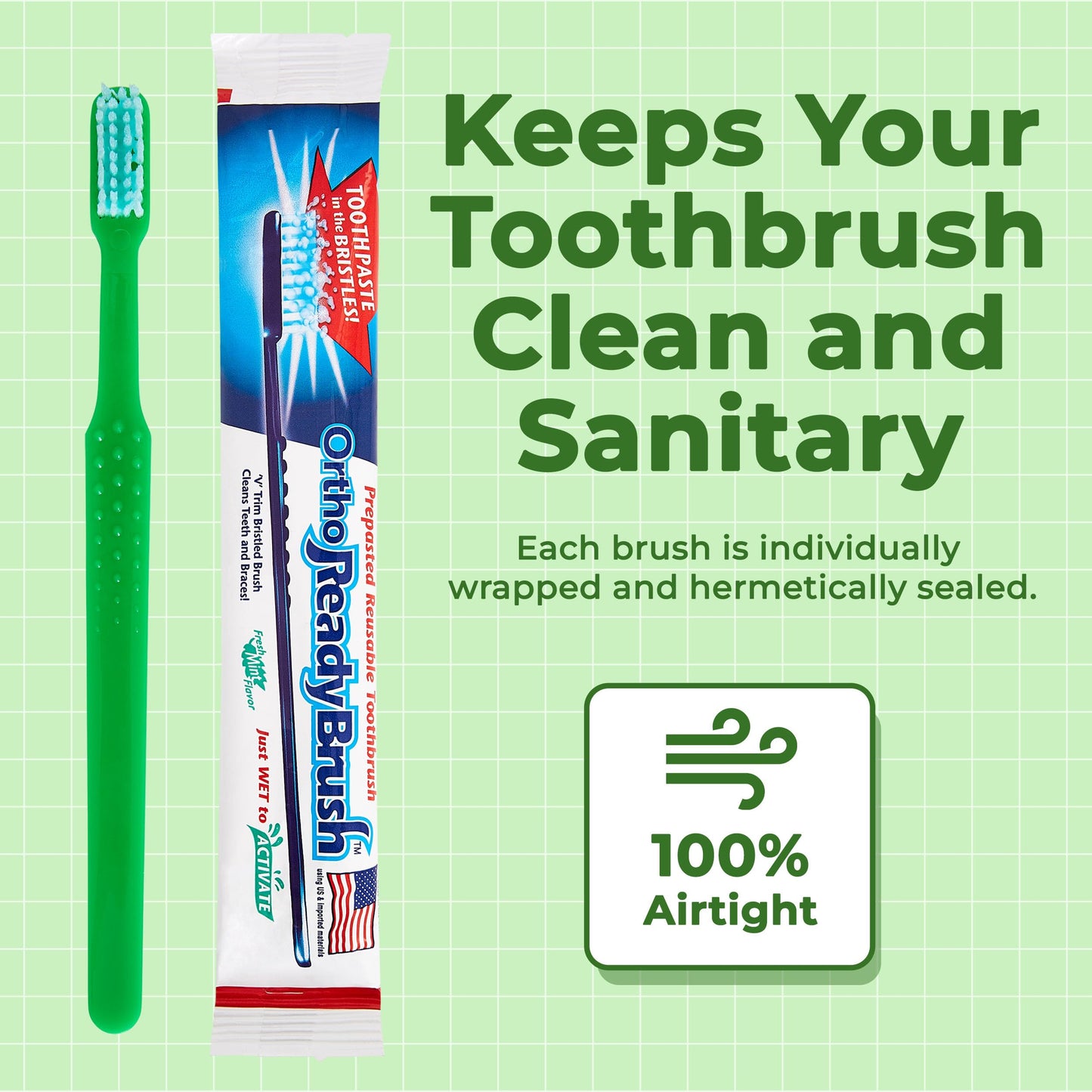 Ortho ReadyBrush Prepasted Individually Wrapped Toothbrush- Soft Orthodontic Gentle V-Trim Bristles for Braces, Gum Care - 144 Pack - Children or Adults Made in USA (144)