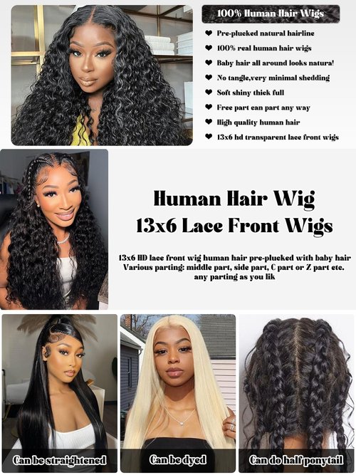 Siliduo Water Wave Lace Front Wigs Human Hair HD Transparent 13X6 Pre Plucked Hairline with Baby Hair 200% Density 100% Virgin Remy Swiss Lace Bleached Knots for Black Women 20 Inch