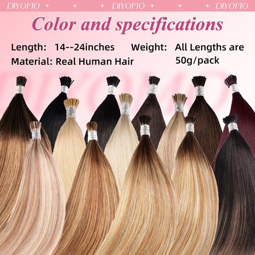 DIYOMO I Tip Hair Extensions - Human Hair,Light Blonde Highlighted Bleach Blonde 24 Inch For Women Soft & Natural Itip Human Hair Extensions 50g 50s