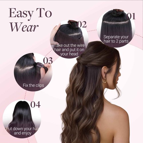 GOO GOO Wire Hair Extensions Human Hair, 4/27/4 Chocolate Brown with Caramel Blonde Balayage 16inch 95g, Invisible Wire Hair Extensions with Transparent, Seamless Fish Line Hairpiece