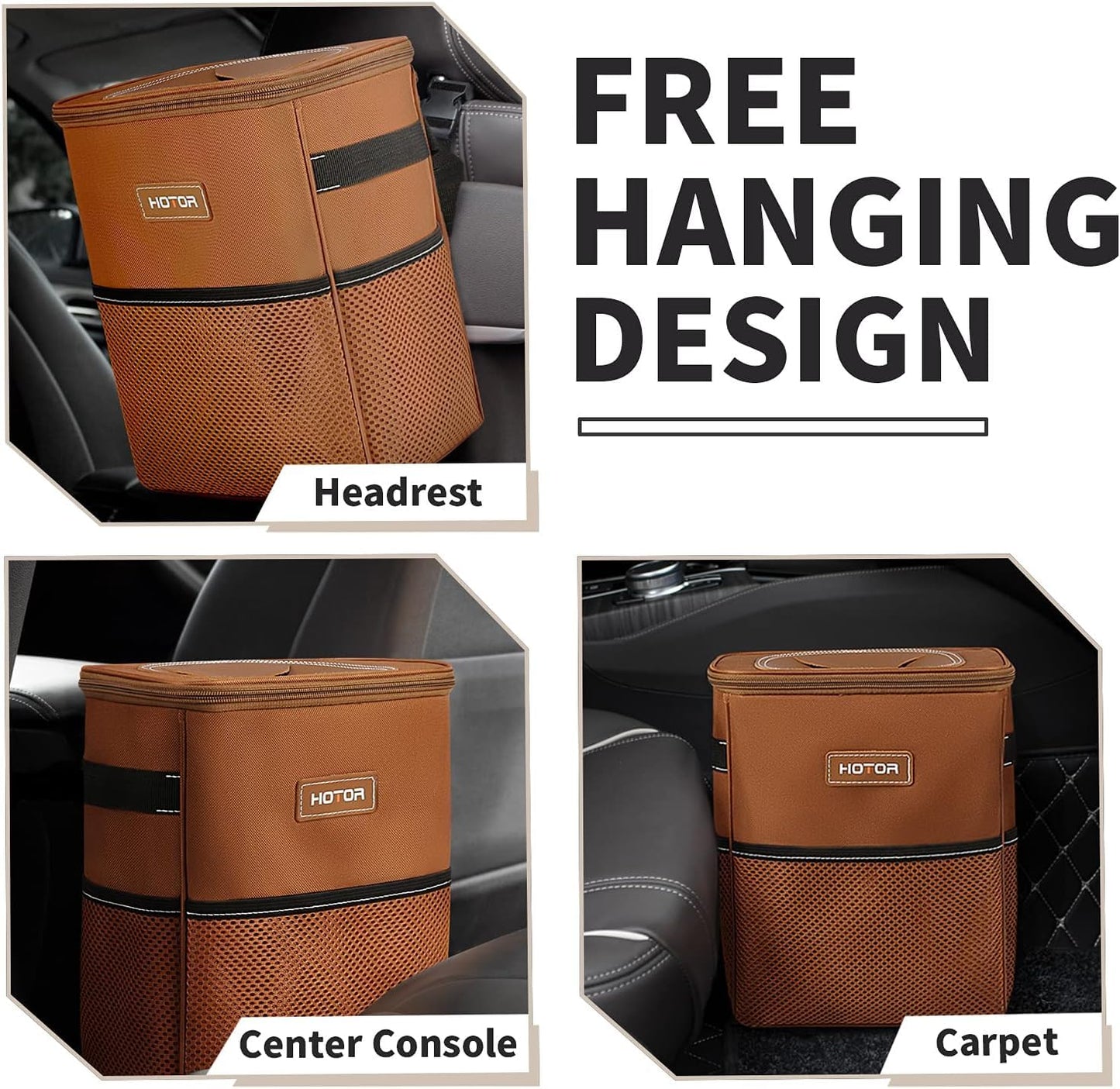 HOTOR Brown Car Trash Can with Adjustable Strap, Magnetic Snaps, Waterproof Lining, and Storage Pocket