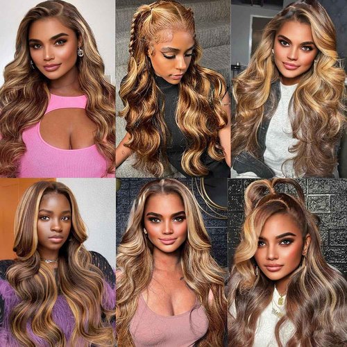 Vibja Honey Blonde Glueless Wigs Human Hair for Black Women 13x4 Body Wave Highlight Ombre HD Lace Frontal Wigs Human Hair 200% Density 4/27 Pre Plucked with Baby Hair 24 Inch