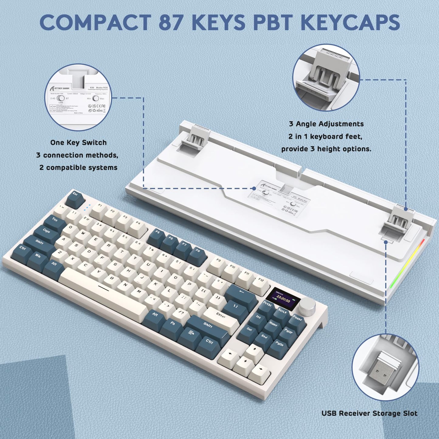 RK86 RGB 75% Wireless Gasket Mechanical Keyboard,Triple Mode Bluetooth5.0/2.4G/USB-C 82 Keys Hot Swappable Gaming Keyboard 4000 mAH Battery w/Knob & 1.2'' HD OLED Display,Custom Linear Switches