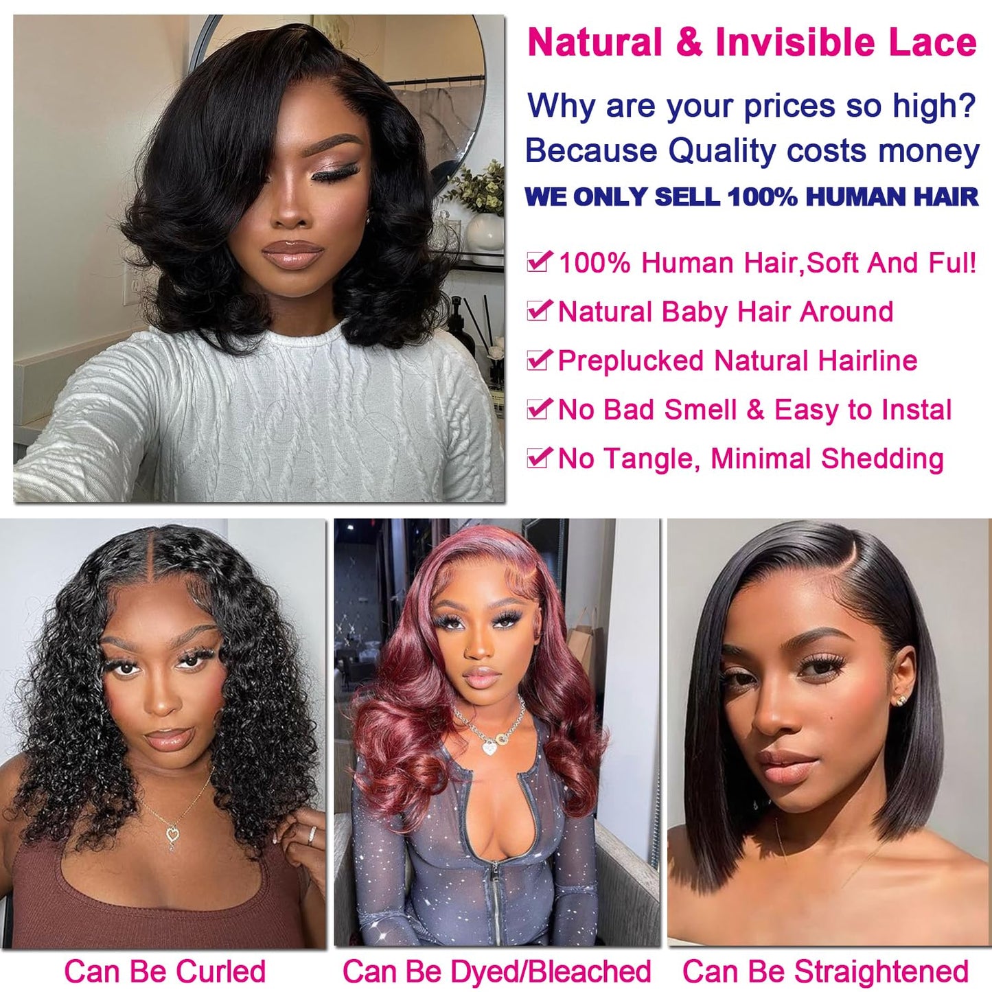 13X6 18inch 230%Density Natural Black Bob Wig Human Hair, Body Wave Wig Human Hair, Short Bob Lace Front Wigs Human Hair, Bob Wigs For Black Women, Pre Plucked With Baby Hair HD Transparent Lace