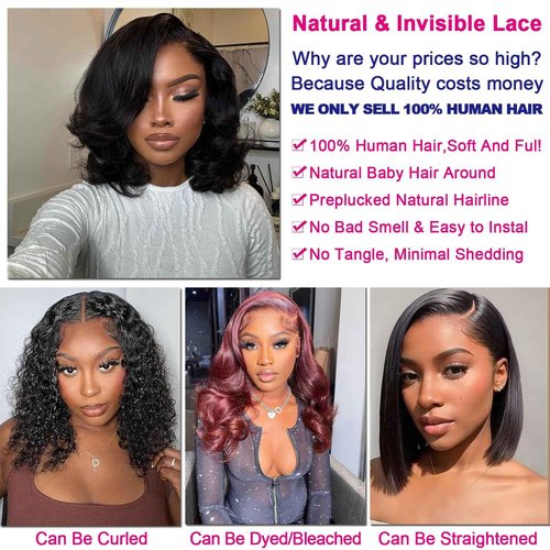 13X6 14inch 230%Density Natural Black Bob Wig Human Hair, Body Wave Wig Human Hair, Short Bob Lace Front Wigs Human Hair, Bob Wigs For Black Women, Pre Plucked With Baby Hair HD Transparent Lace