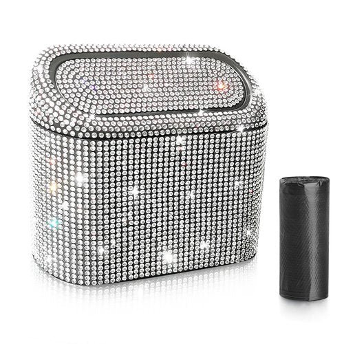 Accmor Bling Car Trash Can with 30pcs Garbage Bags, Vehicle Trash Bin with Lid Auto Dustbin Organizer Garbage Storage, Sparkling Crystal Mini Trash Container Holder