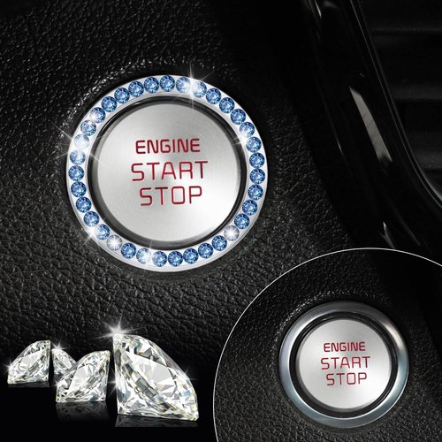 LivTee 2 PCS Crystal Rhinestone Car Engine Start Stop Decoration Ring, Bling Car Interior Accessories for Women, Push to Start Button Cover Sticker, Automotive Decals, Blue