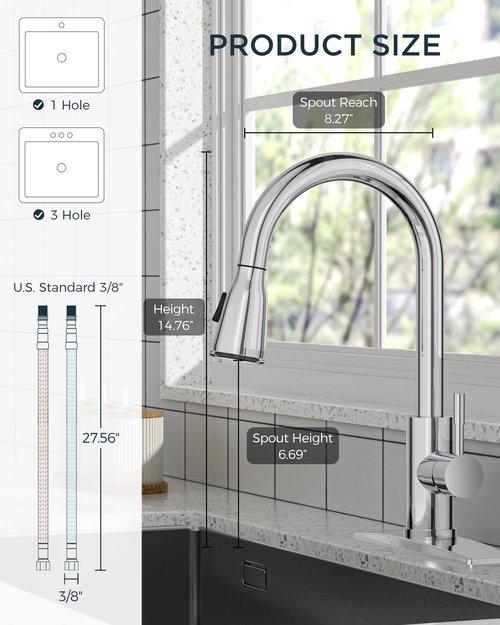 FORIOUS LED Kitchen Faucet with Pull Down Sprayer, Chrome Single Handle Stainless Steel Traditional Sink Faucets with LED Light Sprayer Head, Suitable for Farmhouse Laundry Camper Rv Bar