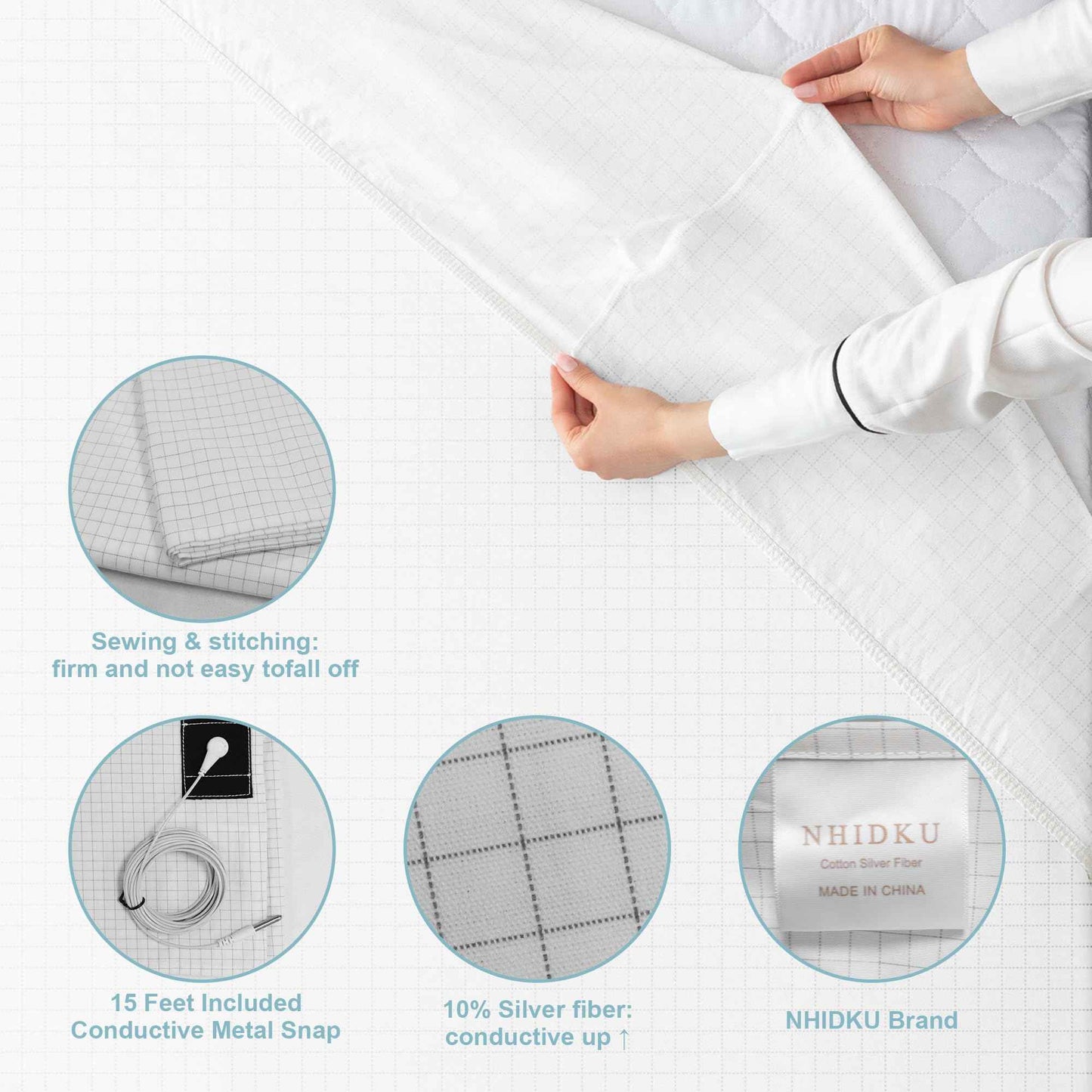 Grounding Sheets Queen Size 10% Silver Fiber Grounding Flat Sheet for Bed Sleeping Therapy with Grounding Cord,Grounding Mat for Bed 90% Organic Cotton (White, 60x80 inch/Queen)