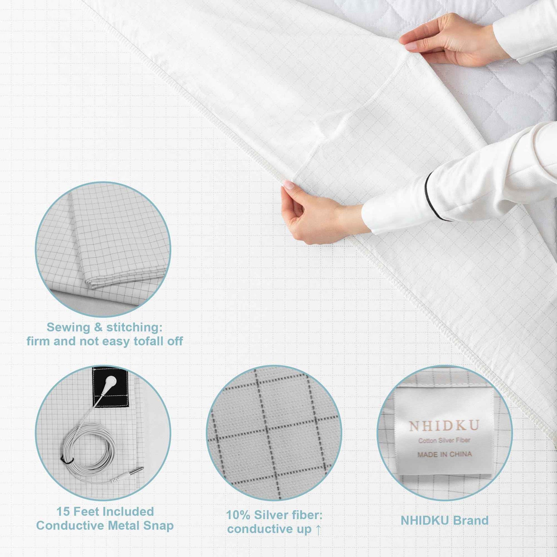 Grounding Sheets Queen Size 10% Silver Fiber Grounding Flat Sheet for Bed Sleeping Therapy with Grounding Cord,Grounding Mat for Bed 90% Organic Cotton (White, 60x80 inch/Queen)