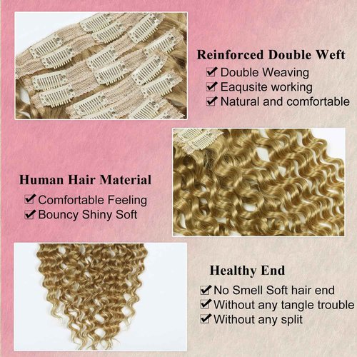 Blonde Clip in Hair Extensions Real Human Hair Deep Curly Glueless Extensions for Black Women 100g/3.5oz Remy Wear and Go 8pcs Double Wefts Invisible Seamless Clip ins Hair 16 inch Wet and Wavy