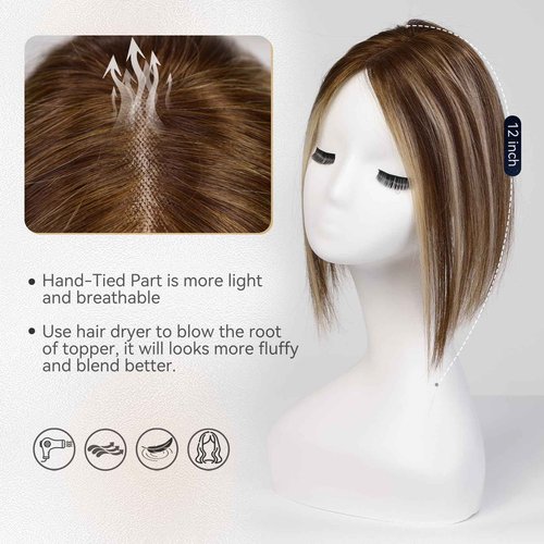starluck Hair Toppers for Women Real Human Hair No Bangs 3.5"*4"Hand-Tied Swiss Lace Base 12in 100% Remy HumanHair Topper for Women with ThinningHair(T4/27/4#)