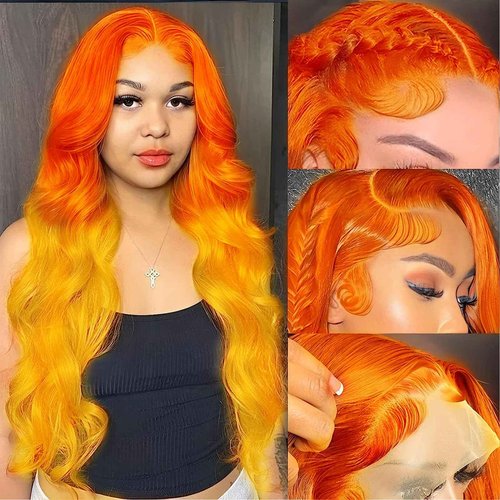 Orange Wigs for Women Handmade Lace Front Wig Red Orange Curly Hair Wig Long Wavy Side Part Yellow Ombre Natural Hairline Glueless Synthetic Heat Resistant Hair Cosplay Makeup Drag Queen Wig 24Inch