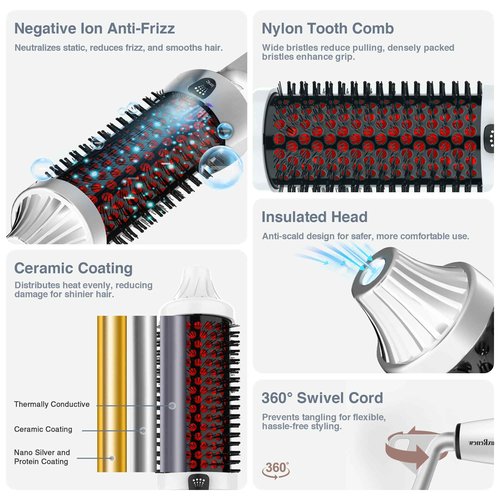 Infrared Bounce Brush, Heated Thermal Round Brush with Negative Ion Technology, 8 Heat Settings for Blowout Look with Hair Care Oil, Straightening & Curling, 1.65" Barrel for All Hair Types, White