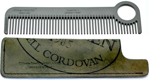 Chicago Comb Model 1 Carbon Fiber Comb + Olive Shell Cordovan Horween leather sheath, Made in USA, ultimate pocket & travel comb, smooth strong & light, anti-static, premium American leather