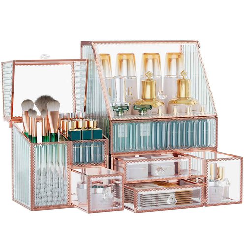 Youdepot Glass Makeup Organizer - Multi-Functional 3-in-1 Cosmetic Organizer for Skincare, Lipstick, Brushes - Vanity Organizer & Bathroom Organizer