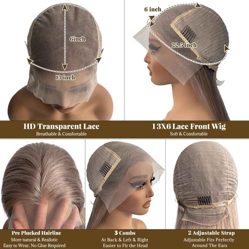 Belaved 16 Inch Ash Blonde Wigs Human Hair Straight 13x6 HD Transparent Lace Front Wigs for Black Women 180% Density Glueless Balayage Blonde Remy Human Hair Wigs with Baby Hair Pre Plucked Hairline