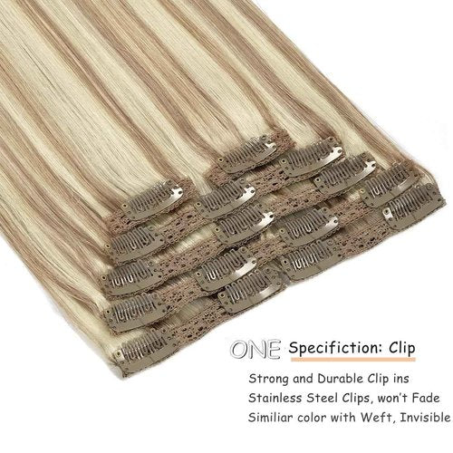 Caliee Clip in Hair Extensions Human Hair for Women Long Soft Silky Double Weft Lace Clip ins P10-613 Highlight Golden Brown and Bleach Blonde 7PCS 20 Inch 120G Real Hair Clip in Hair Extensions