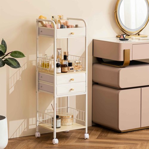 HBlife Floor Makeup Organizer Storage Cart, Make Up Organizers with Drawers, Vanity Cosmetics Display Cases Holder for Skincare Nail Polish Perfume, Bathroom Organizer Shelf with Wheels