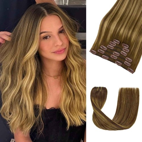 LOVELINE Clip in Hair Extensions Real Human Hair, 100% Remy Human Hair Extensions Clip Ins for Women, 7Pcs 16Inch 120g, Balayage Chocolate Brown to Caramel Blonde