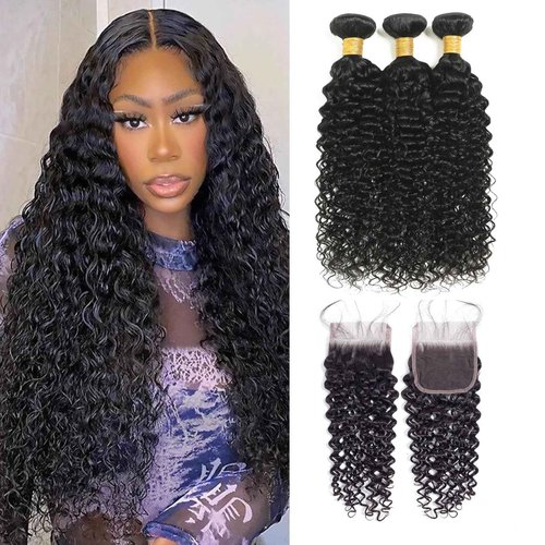 Water Wave Bundles with Closure Human Hair Wet and Wavy 18 20 22 inch 100% Unprocessed Virgin Human Hair Bundles with 16 inch Closure 5x5 Lace Free Part