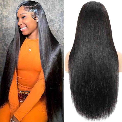 MZCNU 30 Inch 13x6 Straight Lace Front Wigs Human Hair 230% Density HD Transparent Lace Frontal Human Hair Wig for Women Natural Black Color