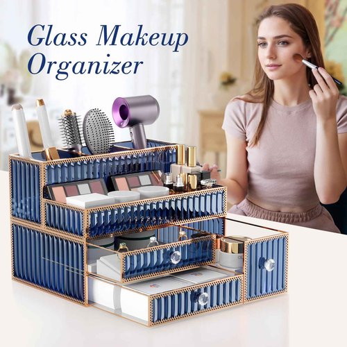Youdepot Makeup Organizer Blue - Tempered Glass Vanity Organizer for Cosmetics, Skincare, Hair Tools, Brushes, Perfume - Multipurpose Bathroom Counter Skincare Organizer
