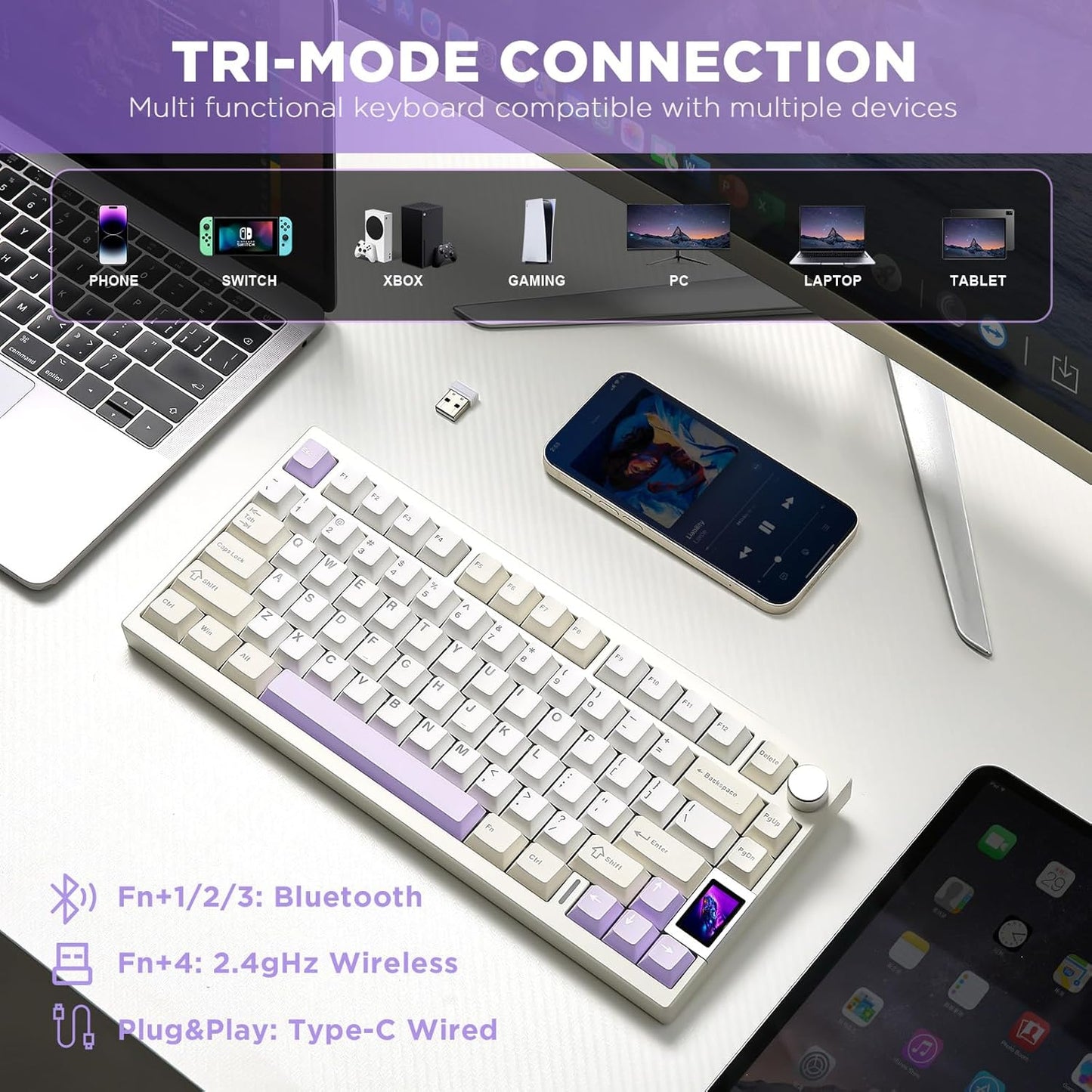 YUNZII AL80 Wireless Mechanical Keyboard,Full Aluminum CNC, Smart LCD Display,Hot Swappable Gasket Mount 75% Layout with Knob,BT/2.4G/USB-C,QMK/VIA Support for Win/Mac (Silver, Cocoa Cream V2 Switch)