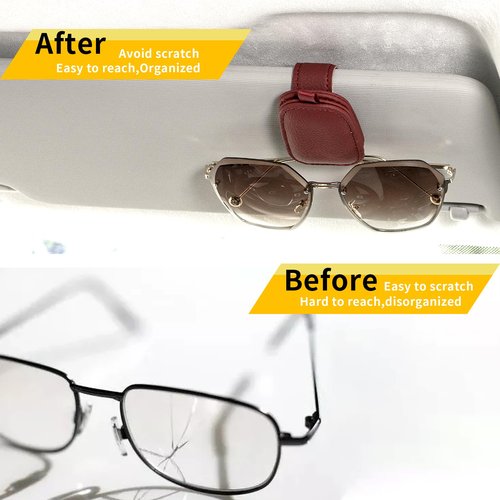 Yuoyar Sunglass Holder for Car, Magnetic Leather Sunglasses Holder and Ticket Card Clip, Car Visor Accessories, 2 Packs (Red)