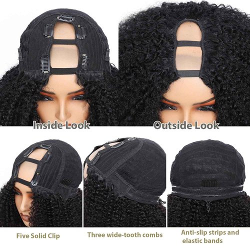 MPS Kinky Curly Human Hair Wigs for Black Women Afro Curly Human Hair 180% Density 12 Inch Full Head Clip in U Part Wigs Human Hair Pre Plucked U Shape Wigs (Natural Black)