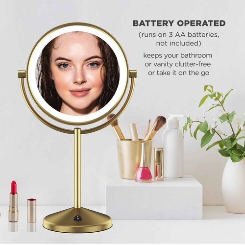 Conair Lighted Makeup Mirror, LED Vanity Mirror, 1X/10X Magnifying Mirror, Double Sided, Battery Operated in Brushed Brass
