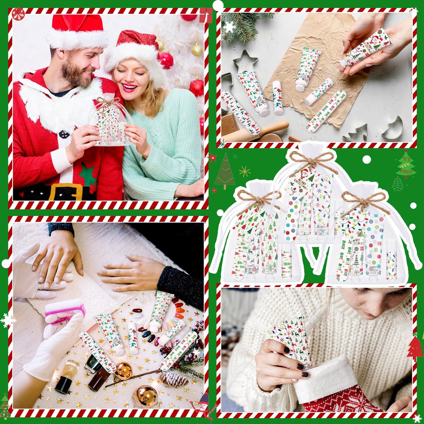 48 Sets/288 Pcs Christmas Party Favors Christmas Hand Cream Body Lotion Lip Balm Nail File Gifts Set Xmas Stocking Stuffers Travel Size Lotion Bulk Holiday Party Supplies for Coworkers Women Adults