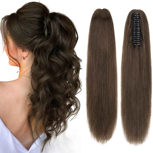 TESSHAIR Claw Clip In Ponytail Extension, 100% Human Hair Ponytail Extension, No Tangle & Smooth, 115g, 18 Inch #Dark Brown