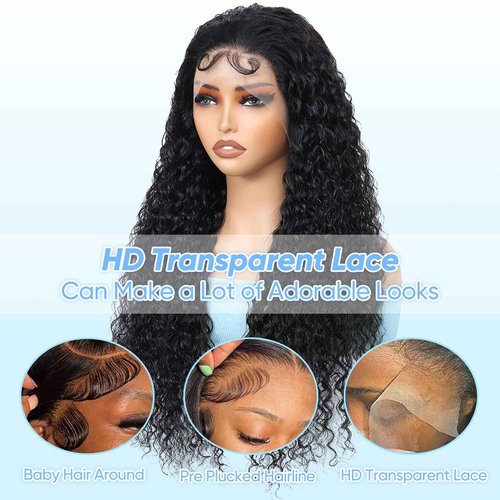 BJVT 13x6 Deep Wave Lace Front Wigs Human Hair Wigs for Women 200 Density HD Transparent Deep Curly Lace Frontal Wigs Human Hair Pre Plucked with Baby Hair Natural Color 30 Inch