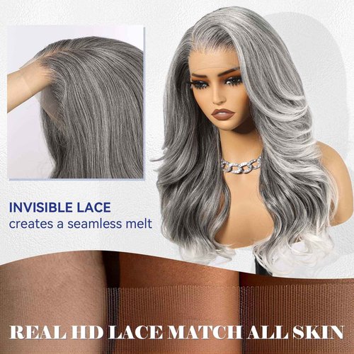 HAIRCUBE 13x6 HD Synthetic Lace Front Wig, 24 Inch Gray Long Curly Layered Wigs, Natural Density Hairline Glueless Wigs for Women Daily Use