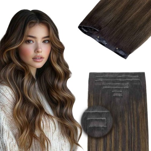DOORES Hair Extensions Real Human Clip in 20 inch 150g 7pcs Invisi Edge, Seamless Clip in Hair Extensions Invisible Clipins Virgin Injected Skin Weft, 2/6/2 Dark Brown to Chestnut Brown