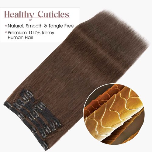 Elailite Clip in Hair Extensions Real Human Hair, Remy Hairpieces for Women, 7PCS Lace Weft Full Head, 12 Inch 90g Dark Brown